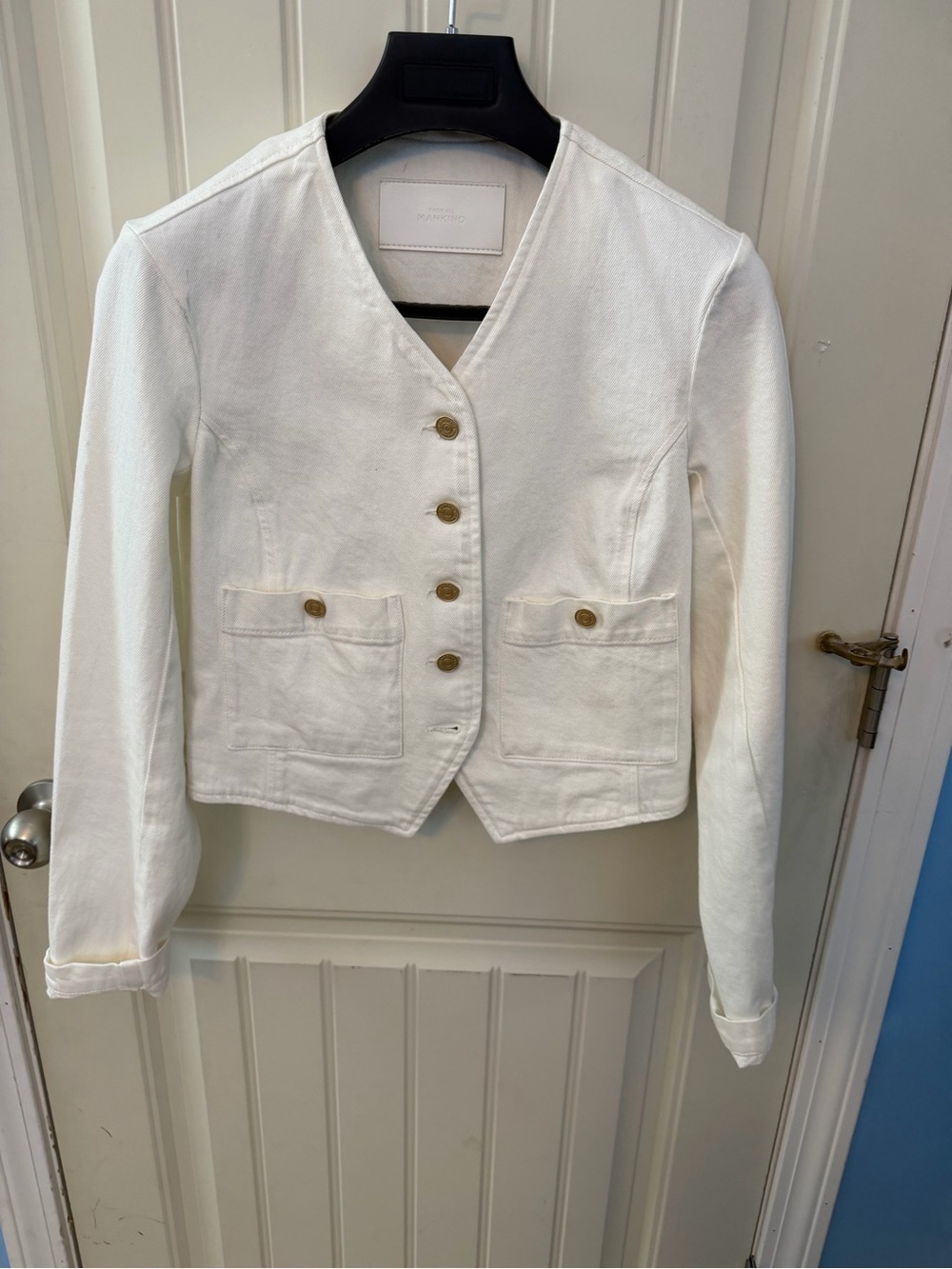7 For All Mankind Cream V-Neck Cotton Button Jean Jacket